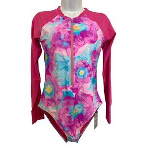 Relleciga Womens Long Sleeve‎ Floral Zip Rash Guard Swimsuit , NWT, SZ Medium